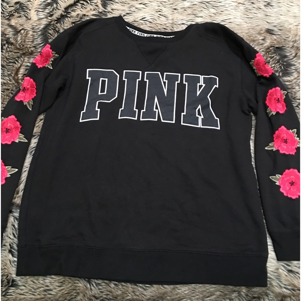 Victoria’s Secret PINK Campus Crew 
Embroidered roses🌹🌹🌹, black pullover!